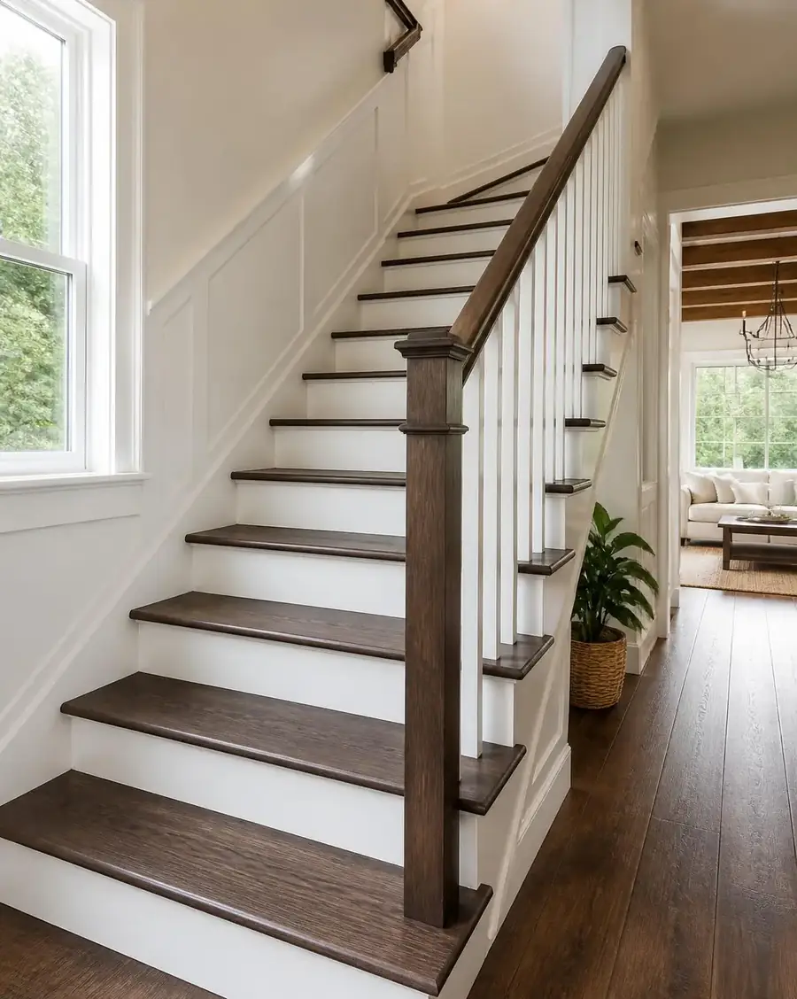 Completed interior staircase with dark stained treads, dark handrail and crisp white balusters and risers painted by George Harper Painting